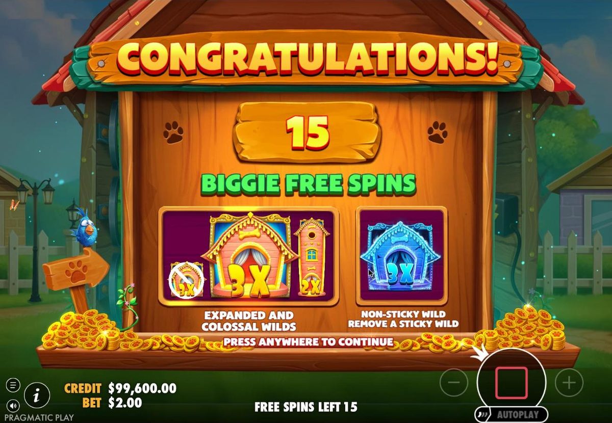 Congratulations sign on the kennel: 15 Biggie free spins, with icons explaining expanded and colossal wilds and a non-sticky ghost wild that removes a sticky wild.