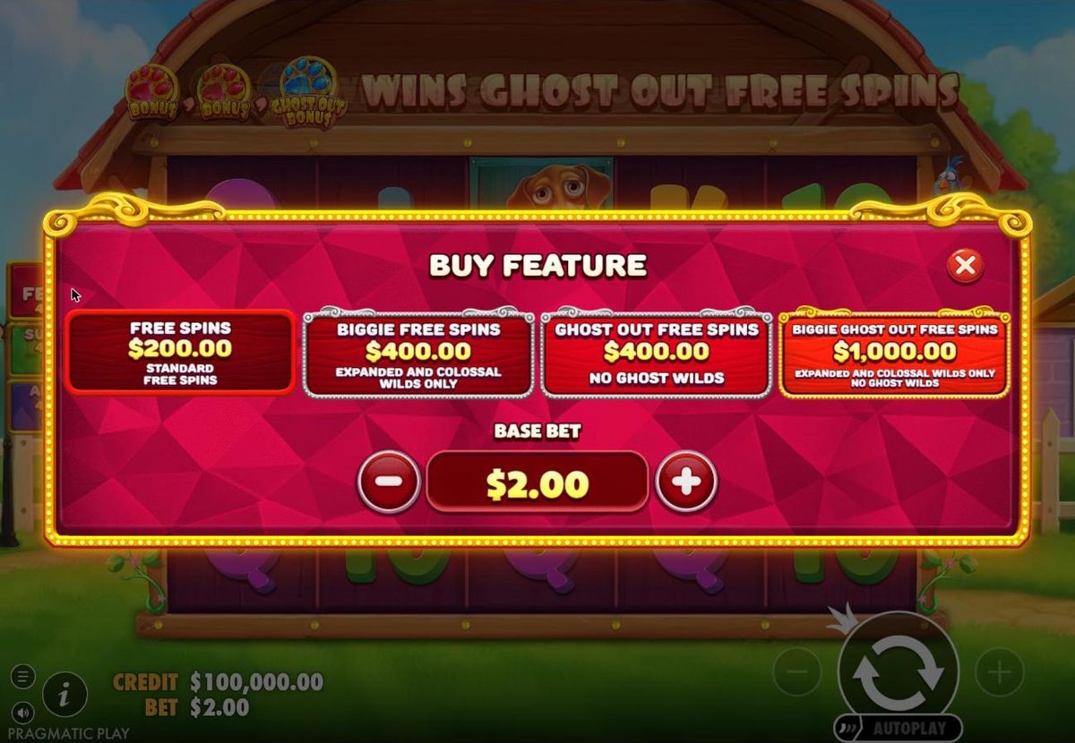 Buy feature menu at a $2 base bet: Free spins $200 standard, Biggie free spins $400 with expanded and colossal wilds only, Ghost Out free spins $400 with no ghost wilds, and Biggie Ghost Out free spins $1,000.