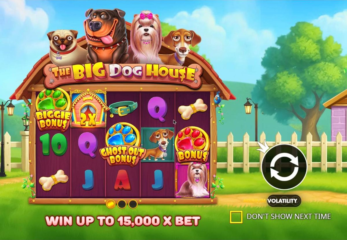 Intro slide: a green Biggie Bonus paw, a 2x wild, a collar, a blue Ghost Out Bonus paw and a red Bonus paw on the reels in front of the kennel, with the line Win up to 15,000 x bet.
