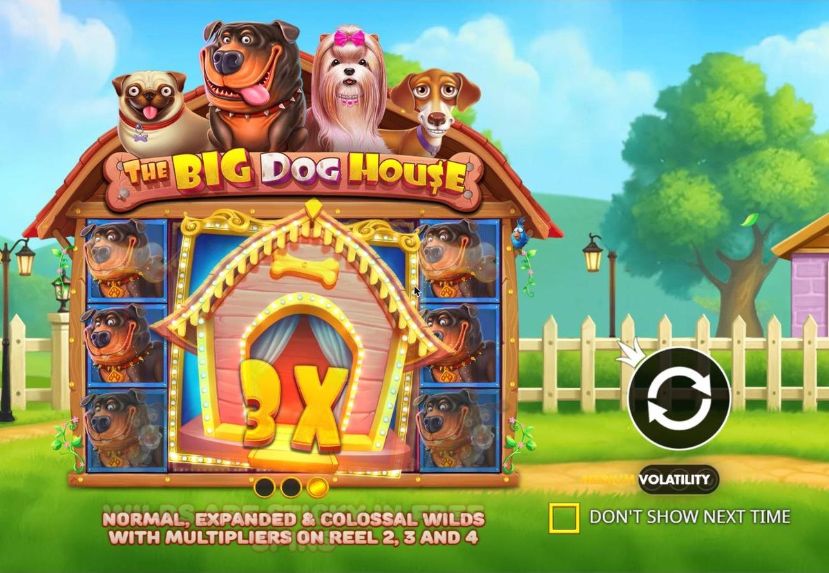 The Big Dog House intro screen: the four dogs on a barn-roofed kennel in a fenced back yard, a colossal 3x dog house wild covering the middle three reels, Rottweilers on both sides, and the line Normal, expanded and colossal wilds with multipliers on reel 2, 3 and 4.