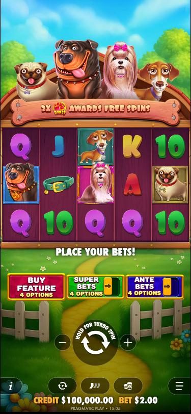 The Big Dog House on a phone, with Buy feature, Super bets and Ante bets buttons.