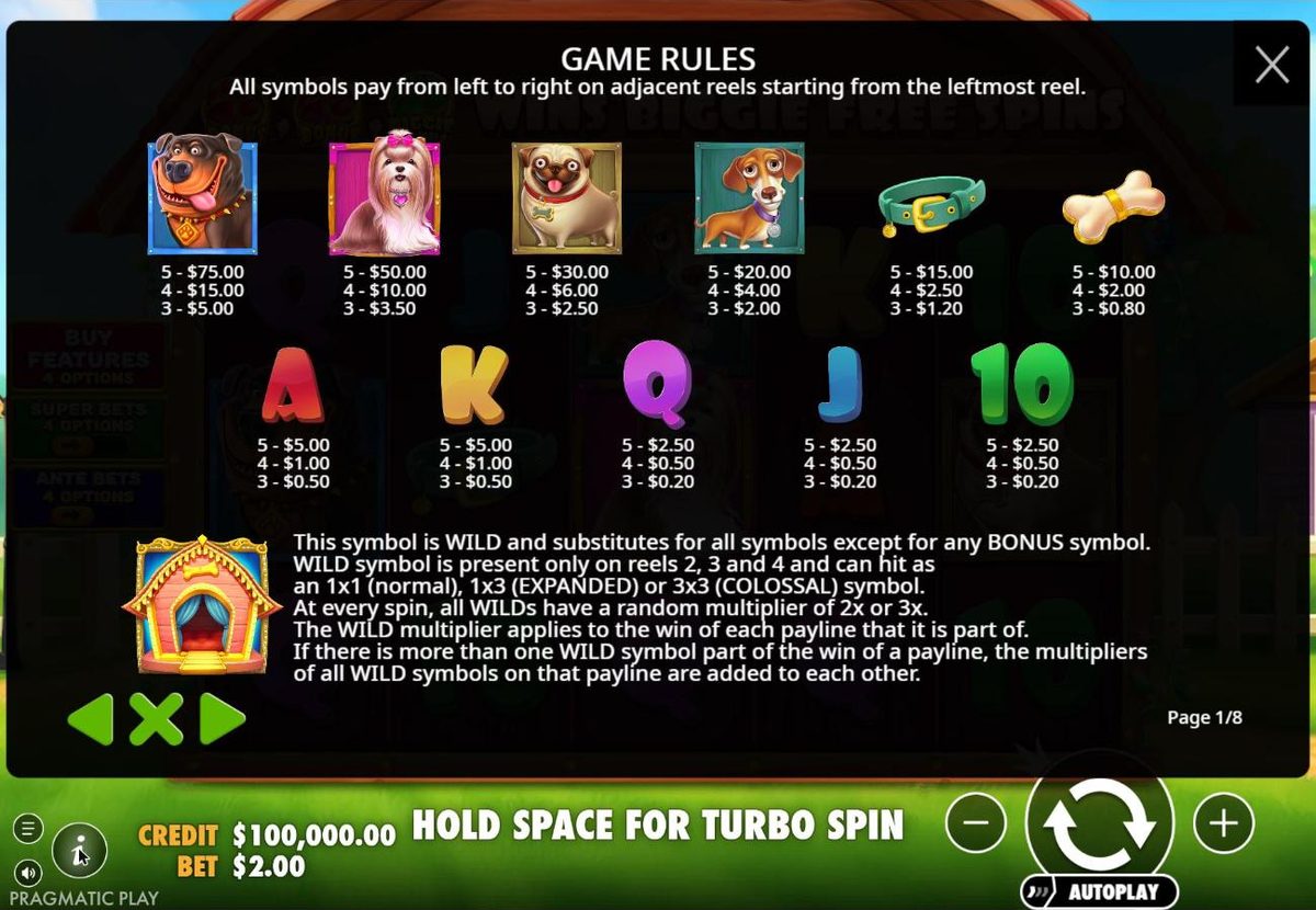 Rules page 1: the Rottweiler pays $75 for five at a $2 bet, the Shih Tzu $50, the Pug $30, the Dachshund $20, the collar $15 and the bone $10, and the wild can hit as a 1x1, 1x3 expanded or 3x3 colossal symbol on reels 2, 3 and 4.