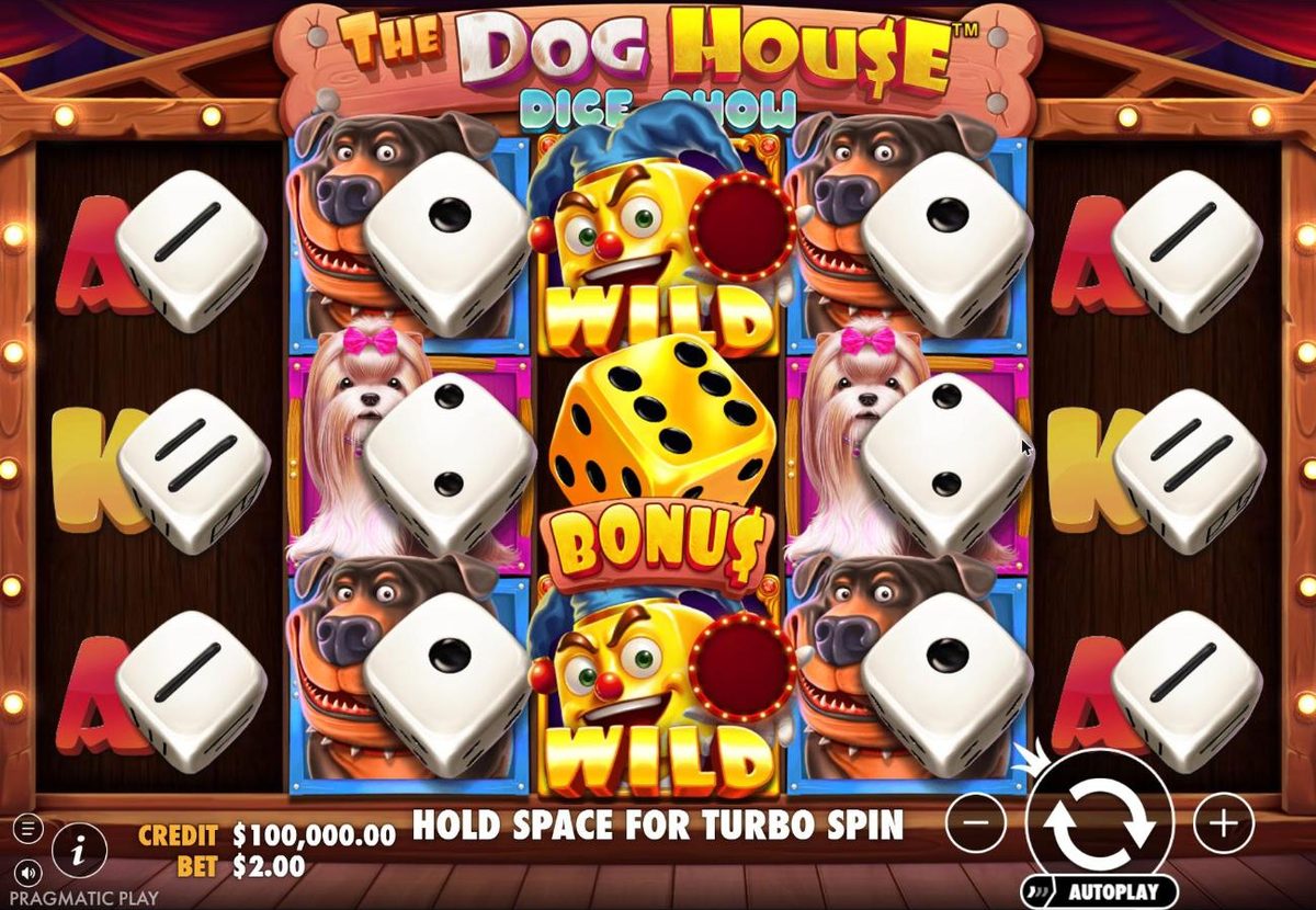 Base game: two jester die wilds on reel 3 with a golden Bonus die between them, Rottweilers and Shih Tzus with dice on reels 2 and 4, and card dice on reels 1 and 5 on a red curtained stage.