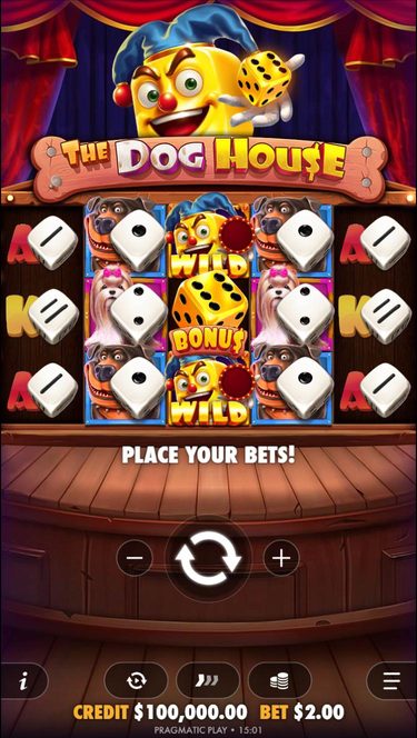Dice Show on a phone: the jester die and logo at the top, the 5 by 3 reels of dice symbols with jester wilds and a Bonus die in the middle, the spin button and controls on the wooden stage floor below.