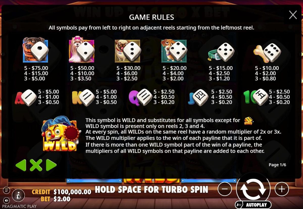 Rules page 1: each dog symbol shown with a die, paying $75, $50, $30 and $20 for five at a $2 bet, the collar and bone dice, card dice marked with Chinese numerals, and the jester wild rules.