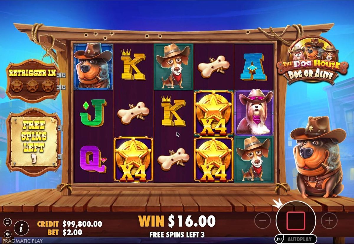 After the third wild: three sheriff stars, now each x4, on reels 2 and 4, the Retrigger in sign full, 3 free spins left and the win at $16.