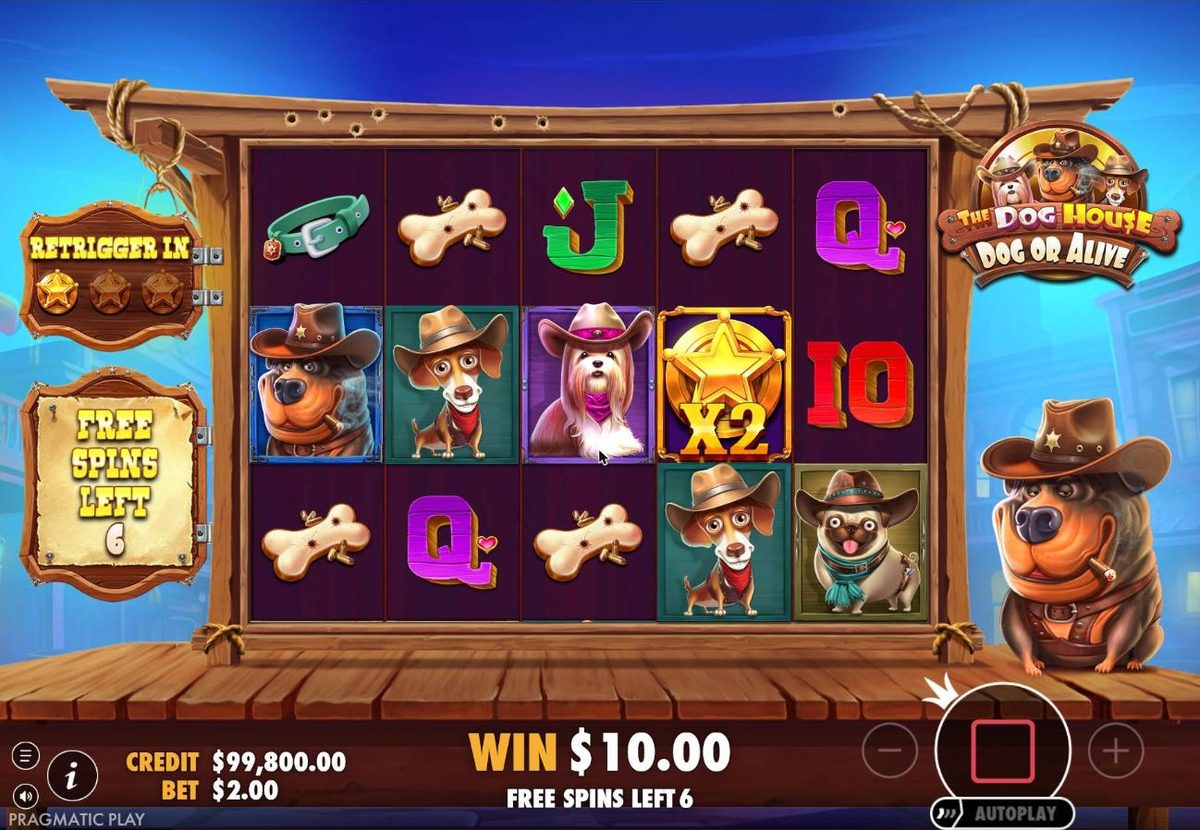 Early in free spins: one x2 sheriff star stuck on reel 4, the Retrigger in sign on the left with three empty star slots and Free spins left 6, and a $10 win.