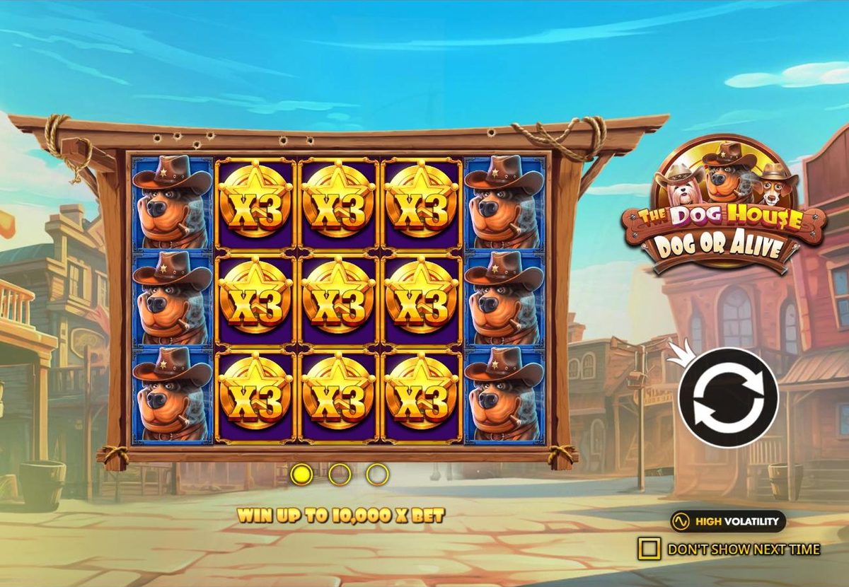 Dog or Alive intro screen: a wooden frame in a dusty Wild West street holds a grid of x3 sheriff star wilds between cowboy Rottweilers, with the logo of the dogs in cowboy hats and the line Win up to 10,000 x bet.
