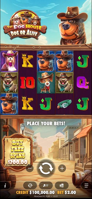 Dog or Alive on a phone, with the sheriff Rottweiler above the reels.