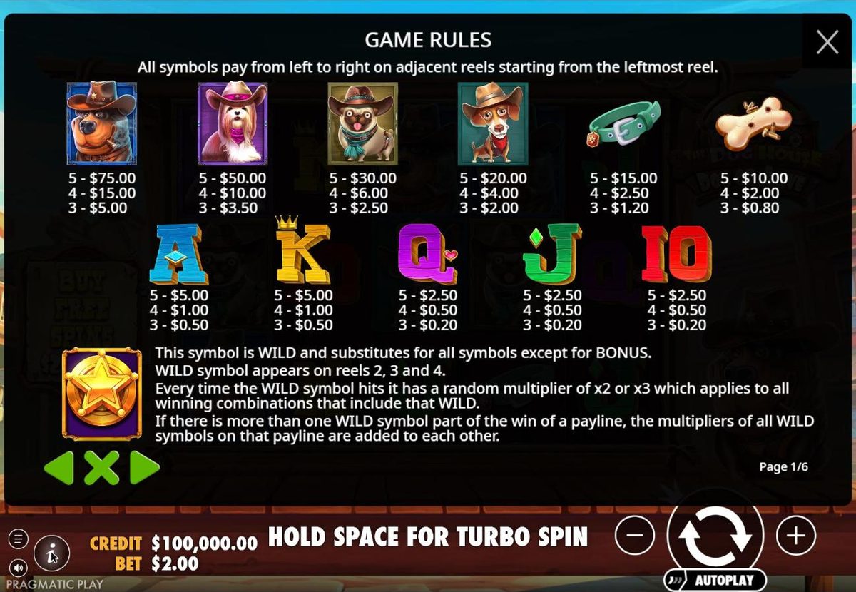 Rules page 1: the sheriff Rottweiler pays $75 for five at a $2 bet, the cowgirl Shih Tzu $50, the Pug $30, the cowboy Dachshund $20, with Western-style card symbols and the sheriff star wild rules.