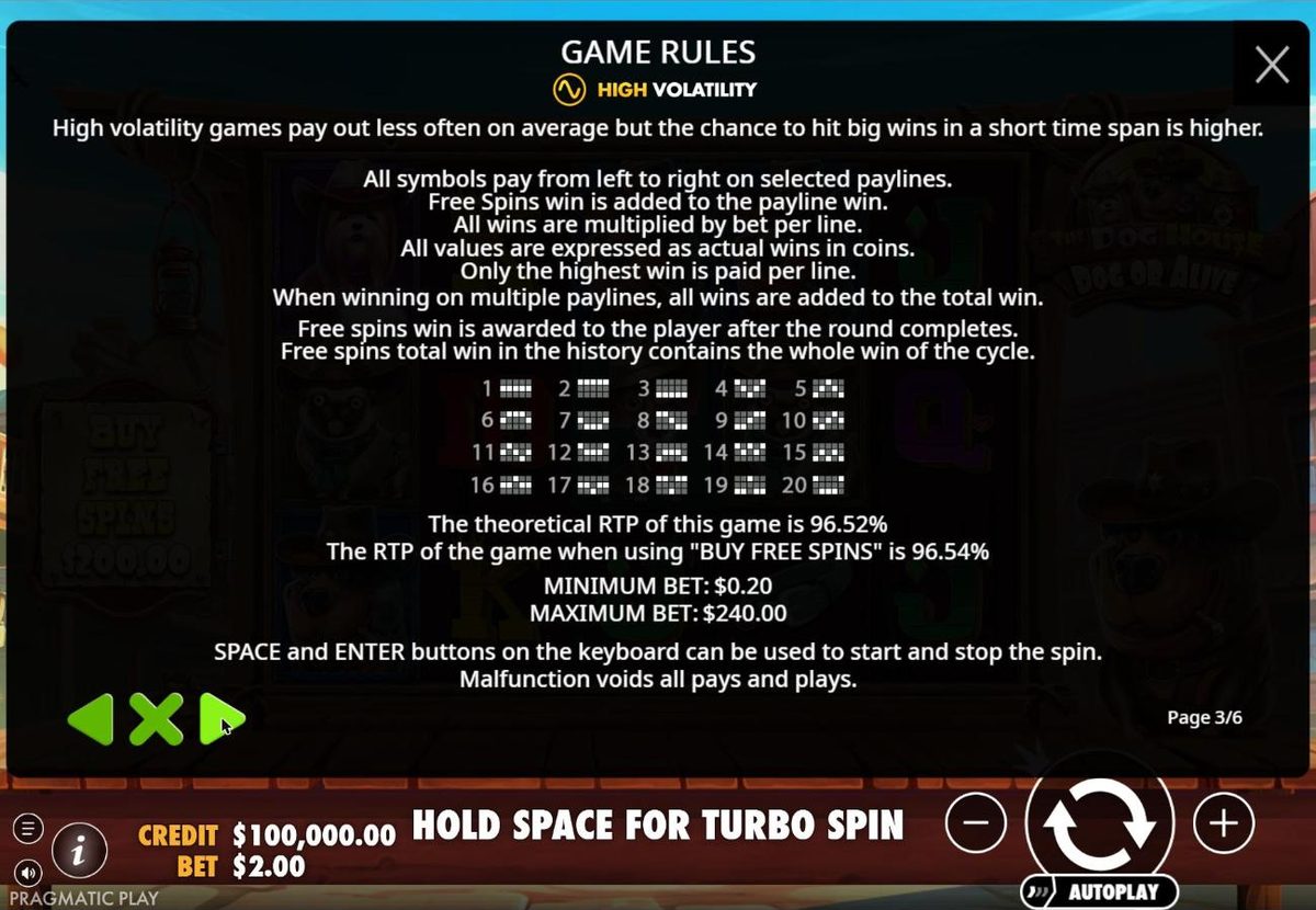 Rules page 3: high volatility explained, 20 paylines, a theoretical RTP of 96.52 percent and 96.54 percent with Buy free spins, a minimum bet of $0.20 and a maximum of $240.