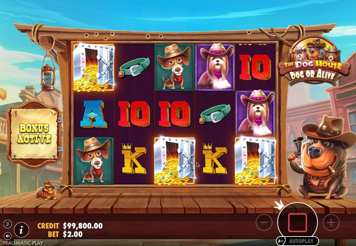The trigger spin: three open safes full of gold coins land on reels 1, 3 and 5 among cowboy dogs and card symbols, with a Bonus active sign on the left and the sheriff Rottweiler on the right.