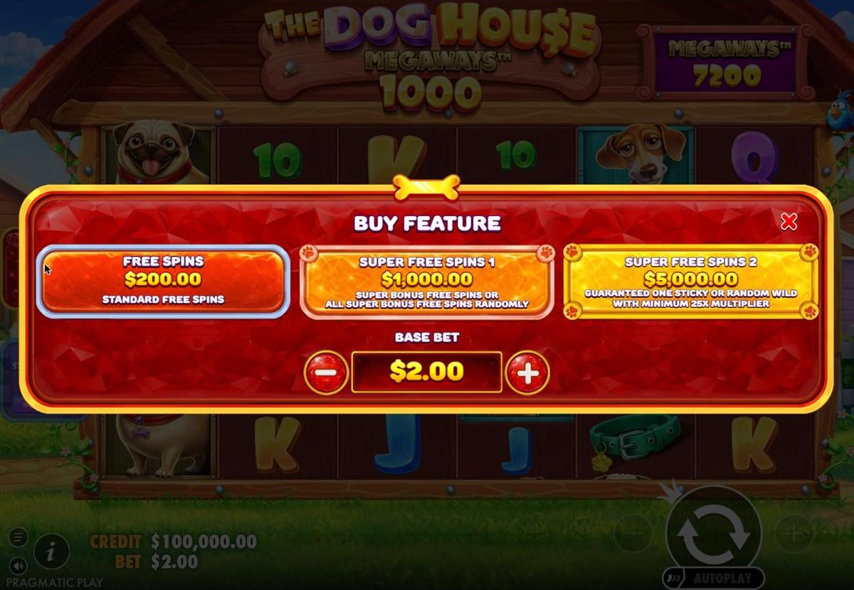 Buy feature menu at a $2 base bet: Free spins $200 standard, Super free spins 1 $1,000 with Super Bonus or All Super Bonus free spins randomly, and Super free spins 2 $5,000 with a guaranteed sticky or random wild of at least 25x.