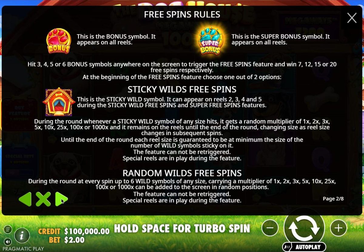 Rules page 2: Bonus and Super Bonus symbols appear on all reels, 3 to 6 Bonus symbols award 7, 12, 15 or 20 free spins, and the Sticky Wilds and Random Wilds rounds with multipliers from 1x to 1000x.