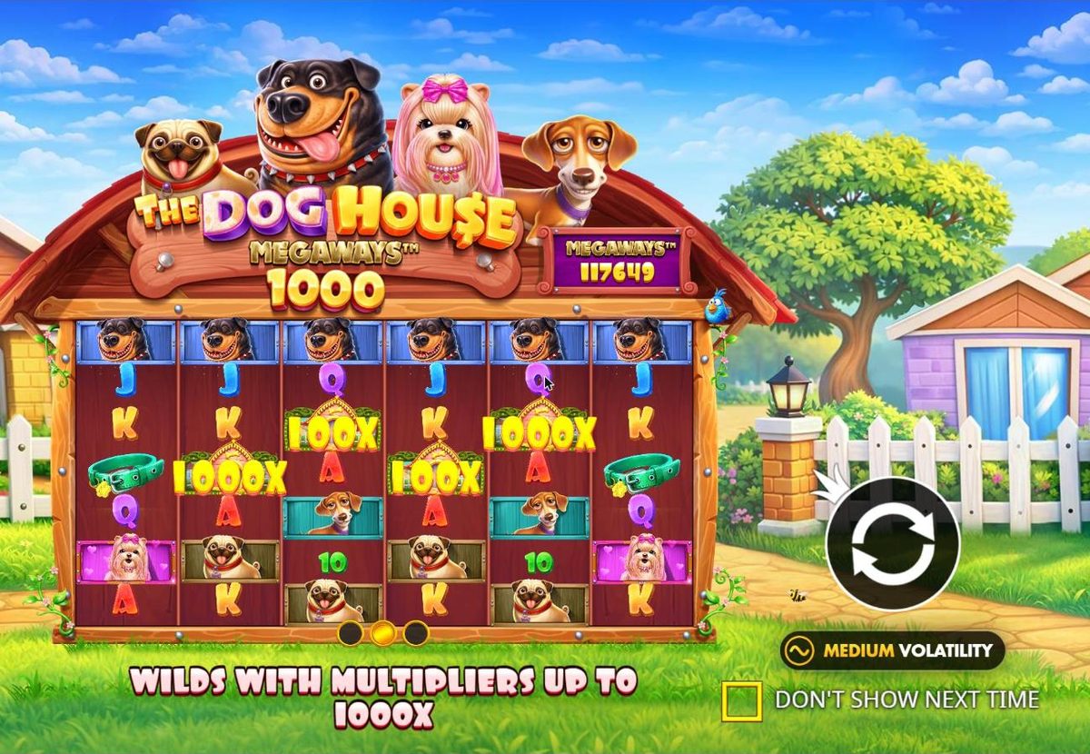 The Dog House Megaways 1000 intro screen: the four dogs above the Megaways 1000 logo and a 117649 counter, six reels with 1000x and 100x dog house wilds, and the line Wilds with multipliers up to 1000x.