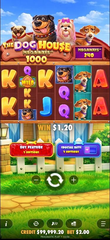 Megaways 1000 on a phone: the dogs, logo and a 240-way counter at the top, short reels with a wild in the middle, a $1.20 win, and Buy feature and Special bets buttons above the spin button.