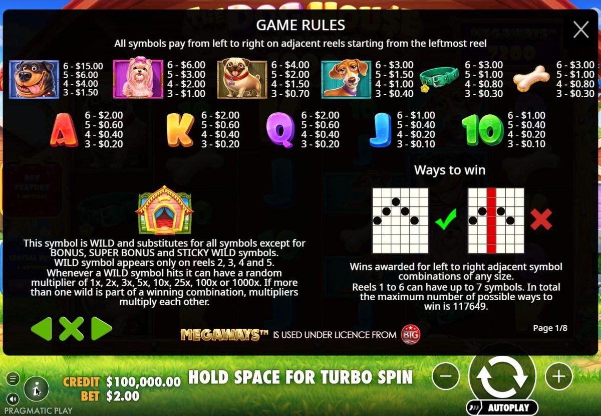 Rules page 1: six Rottweilers pay $15 at a $2 bet, Shih Tzus $6, Pugs $4, Dachshunds $3, and the wild on reels 2 to 5 can have a multiplier of 1x, 2x, 3x, 5x, 10x, 25x, 100x or 1000x, with multipliers multiplying each other.