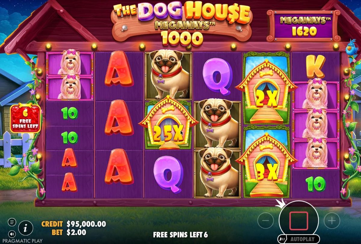 Random Wilds free spins at dusk: a 25x wild on reel 3 and 2x and 3x wilds on reel 5 among Pugs and Shih Tzus, 1620 Megaways and 6 free spins left.