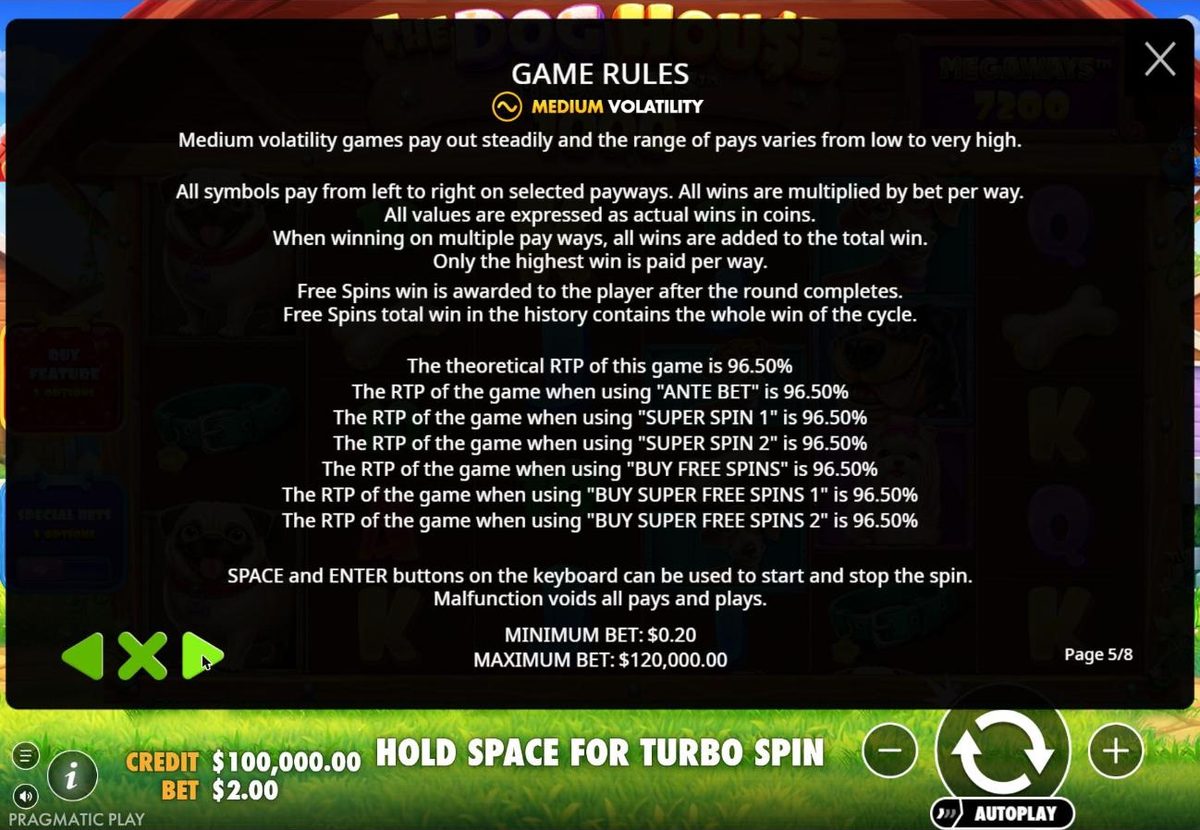 Rules page 5: medium volatility, a theoretical RTP of 96.50 percent and 96.50 percent for the ante bet, both super spins and all three buys, a minimum bet of $0.20 and a maximum of $120,000.