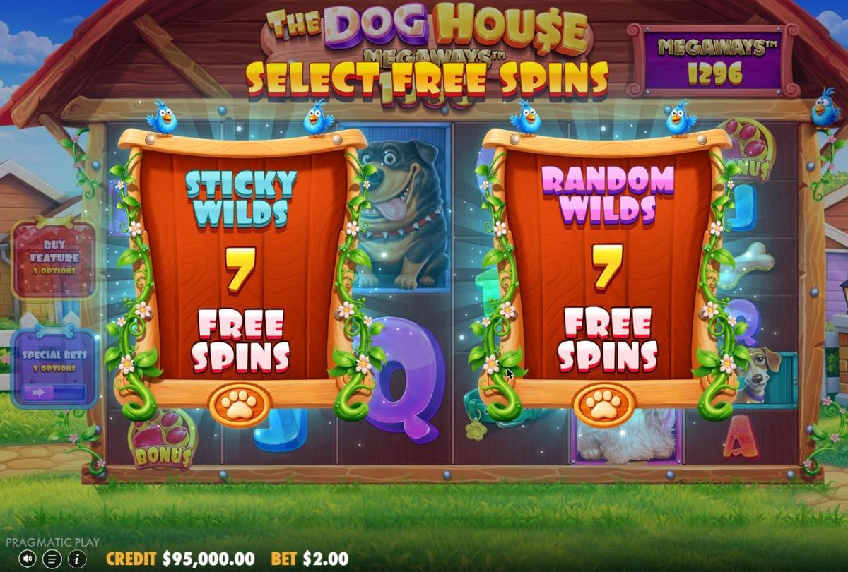 Select free spins: a Sticky Wilds sign and a Random Wilds sign, each offering 7 free spins, framed with flowers and blue birds.