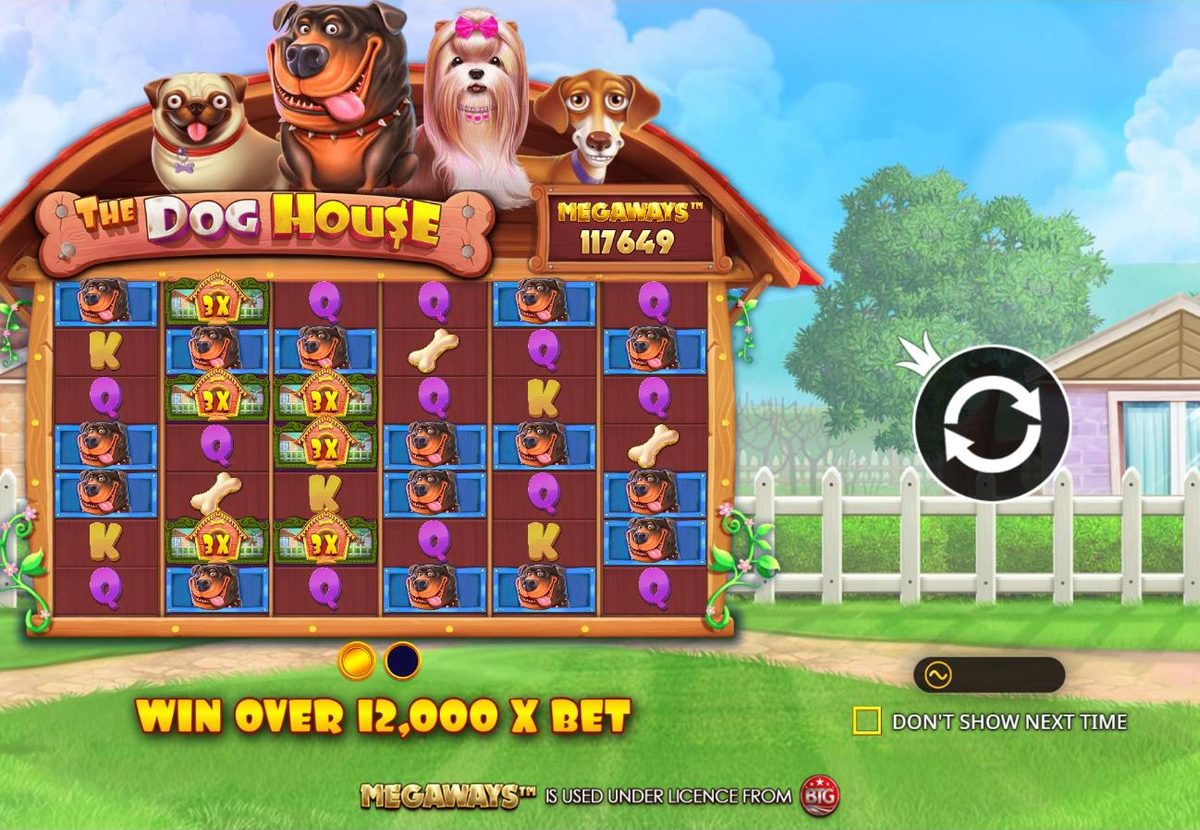 The Dog House Megaways intro screen: the four dogs on the kennel roof, a Megaways counter reading 117649 and a six-reel grid full of Rottweilers and 3x wilds, with the line Win over 12,000 x bet.