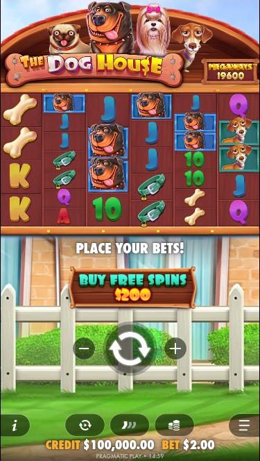 The Dog House Megaways on a phone: the logo and Megaways counter at the top, six narrow reels in the middle, a Buy free spins $200 sign and the spin button below.