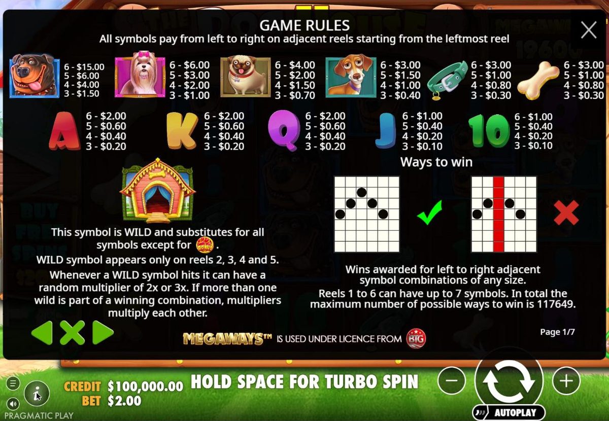 Rules page 1: six of a Rottweiler pay $15, Shih Tzu $6, Pug $4, Dachshund, collar and bone $3 at a $2 bet, the wild rules for reels 2 to 5, and a ways-to-win diagram explaining up to 7 symbols per reel and 117649 ways.