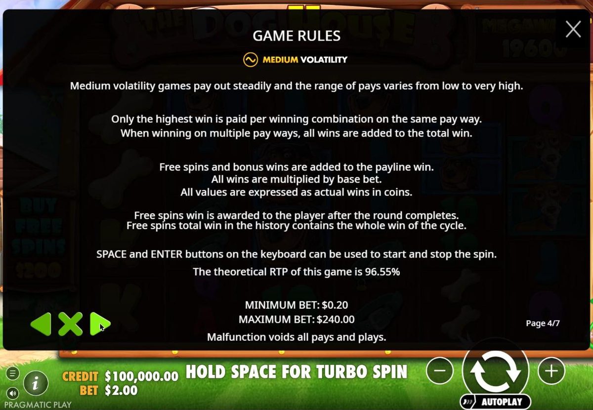 Rules page 4: medium volatility, wins paid per pay way, a theoretical RTP of 96.55 percent, a minimum bet of $0.20 and a maximum bet of $240.