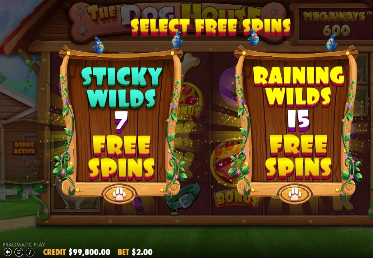 Select free spins screen: a Sticky Wilds sign offering 7 free spins and a Raining Wilds sign offering 15 free spins.