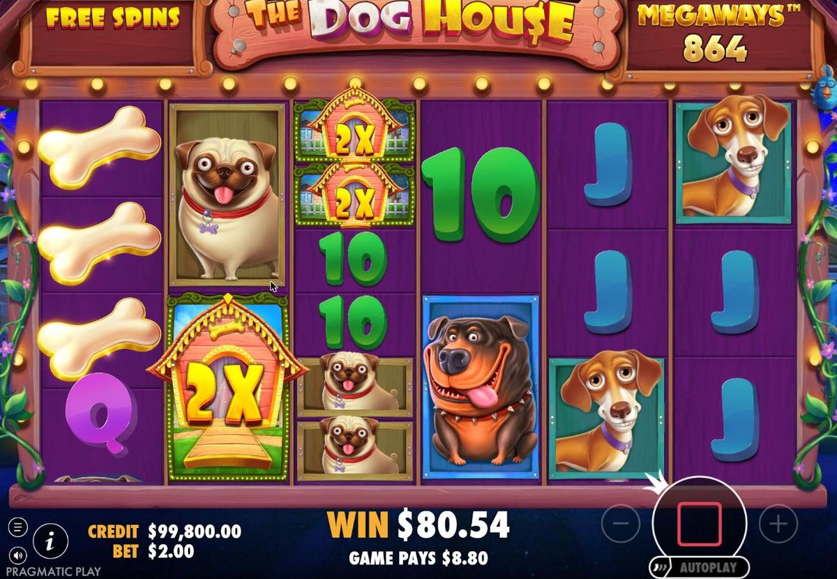 Late in the Sticky Wilds round: a two-symbol 2x wild on reel 2 and two 2x wilds on reel 3, a Rottweiler and a Dachshund in view, the win at $80.54 and Game pays $8.80.