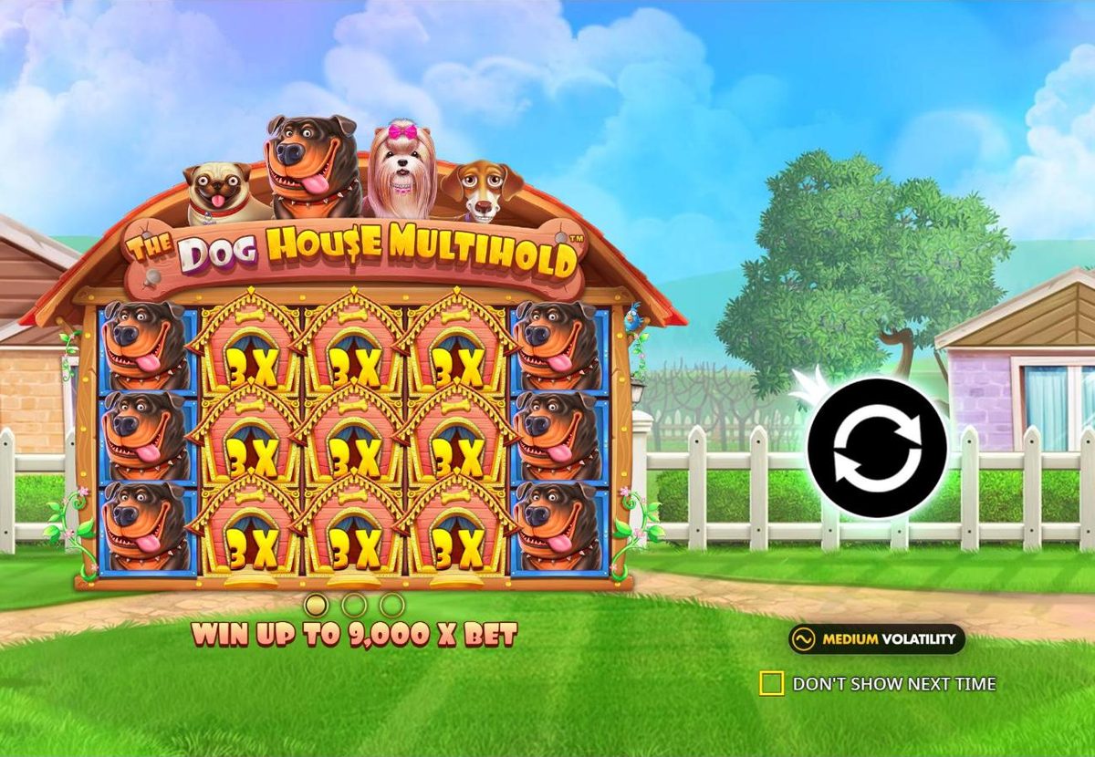 The Dog House Multihold intro screen: the four dogs on the kennel roof above a grid of 3x dog house wilds framed by Rottweilers, with the line Win up to 9,000 x bet and a medium volatility badge.