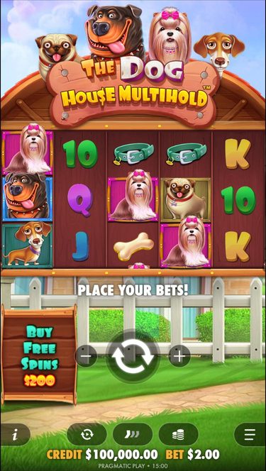 Multihold on a phone: the four dogs and the logo at the top, the 5 by 3 reels, and a Buy free spins $200 sign to the left of the spin button.
