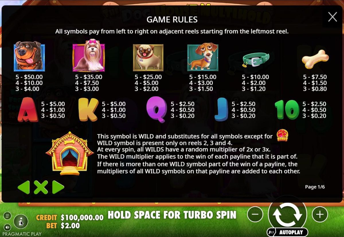 Rules page 1: five Rottweilers pay $50, Shih Tzus $35, Pugs $25 and Dachshunds $15 at a $2 bet, with the collar, bone and card symbols and the wild rules for reels 2, 3 and 4.