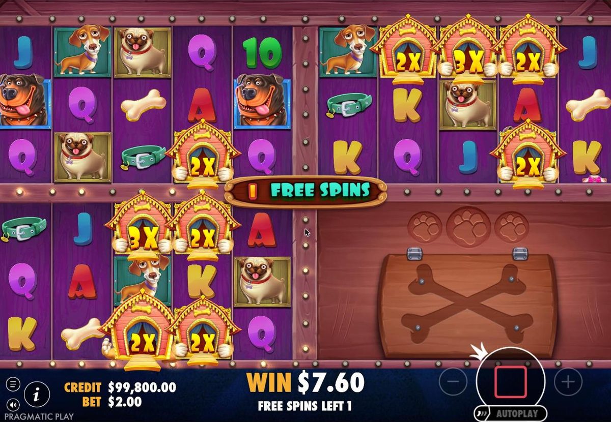 Three grids running near the end of the round: the two top grids and the bottom-left grid each carry several 2x and 3x sticky wilds, the bottom-right grid is still locked, a $7.60 win and 1 free spin left.