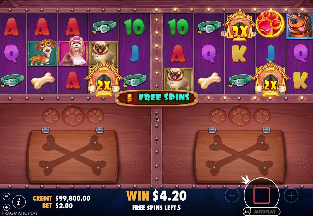 Two grids running: the top-left and top-right grids both have 2x and 3x sticky wilds, the bottom two grids are still locked boards with crossed bones, a $4.20 win and 5 free spins left.