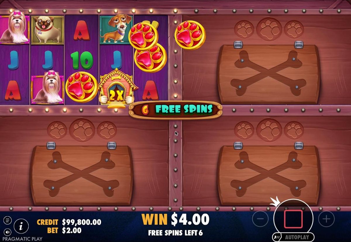 Free spins on the first grid: three red Bonus paws land, filling the slots above the locked top-right grid, while 6 free spins remain.