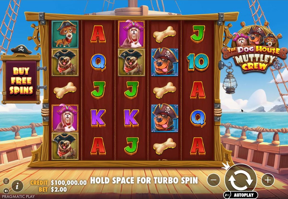 Base game: a 5 by 5 grid of pirate Shih Tzus, Pugs, Dachshunds, Rottweilers, bones and card symbols on the ship's deck, with a Buy free spins sign on the left and the logo on a ship's wheel on the right.