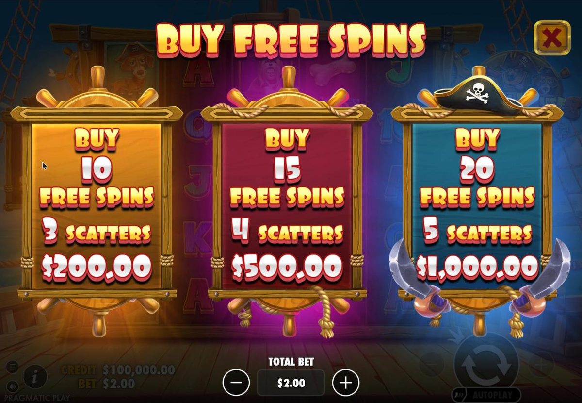 Buy free spins menu with three ship's-wheel panels: buy 10 free spins with 3 scatters for $200, 15 free spins with 4 scatters for $500, and 20 free spins with 5 scatters for $1,000, at a $2 total bet.