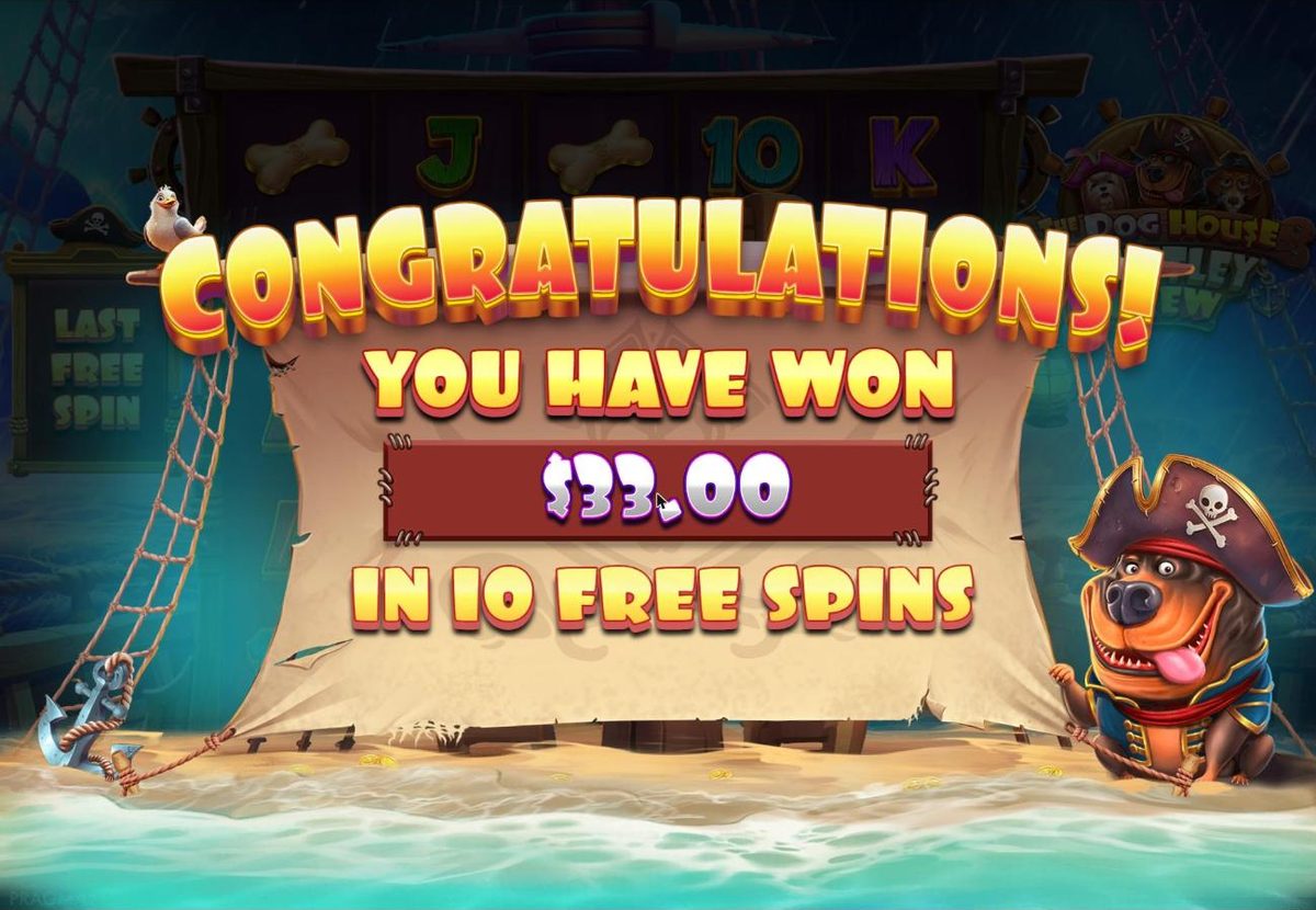 A torn sail on a sunny beach reads Congratulations, you have won $33.00 in 10 free spins, with the pirate Rottweiler on the right.