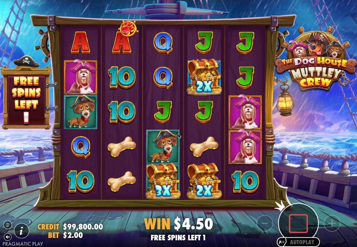 Free spins in a night storm at sea: sticky treasure chests marked 2x, 3x and 2x on the grid among pirate dogs, with 1 free spin left.