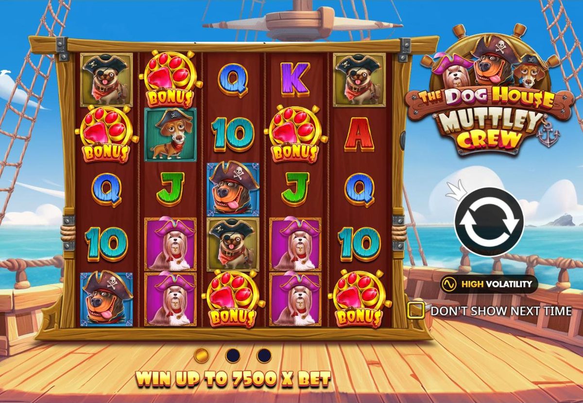 Muttley Crew intro screen: a 5 by 5 grid of pirate dogs and red Bonus paws on the deck of a ship with rope rigging and sails, the logo on a ship's wheel, a high volatility badge and the line Win up to 7500 x bet.