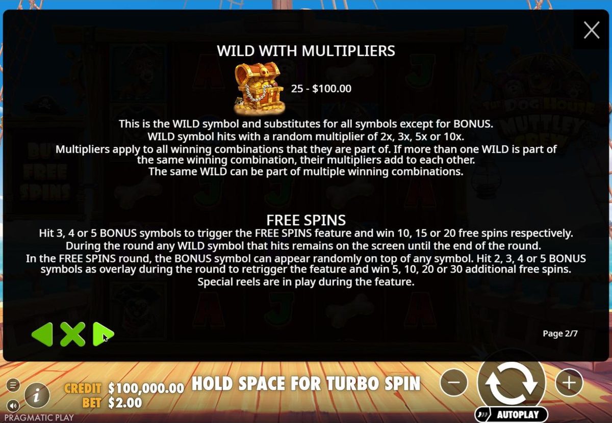 Rules page 2: the treasure chest wild, 25 of them paying $100 at a $2 bet, hits with a random multiplier of 2x, 3x, 5x or 10x, multipliers add together, and the free spins rules below.