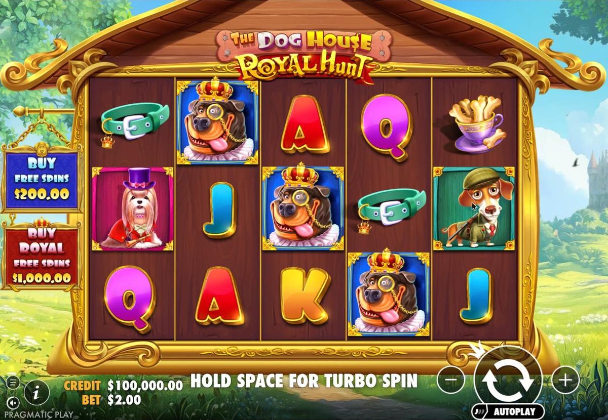 Base game: crowned Rottweilers, a top-hatted Shih Tzu, a hunter Dachshund, a collar with a crown tag, a teacup of bones and card symbols in a gilded kennel, with two hanging signs on the left offering Buy free spins $200 and Buy Royal free spins $1,000.