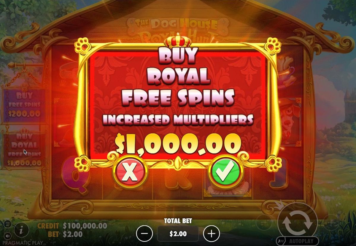 Confirmation dialog in red and gold under a crown: Buy Royal free spins, increased multipliers, $1,000.00, with a red cross and a green tick.