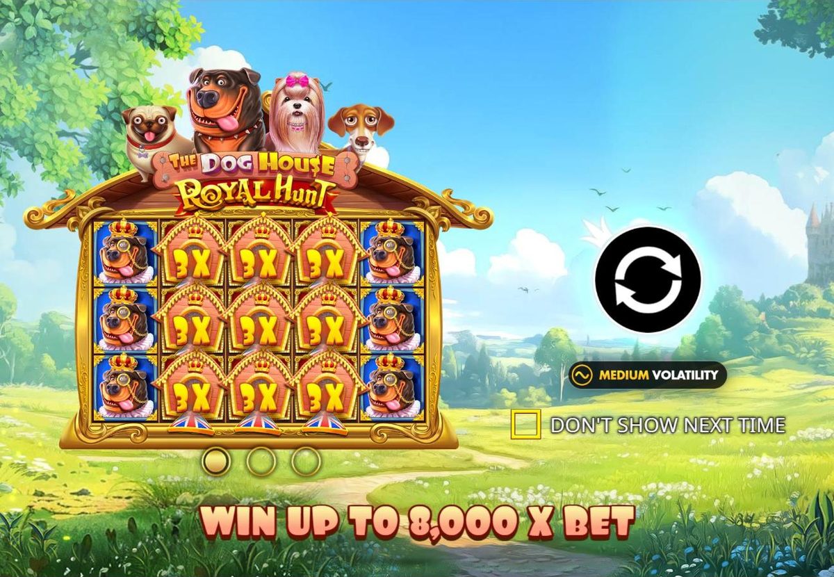 Royal Hunt intro screen: the four dogs on a gilded kennel in green countryside with a castle on the hill, a grid of 3x royal dog house wilds framed by crowned Rottweilers, and the line Win up to 8,000 x bet.