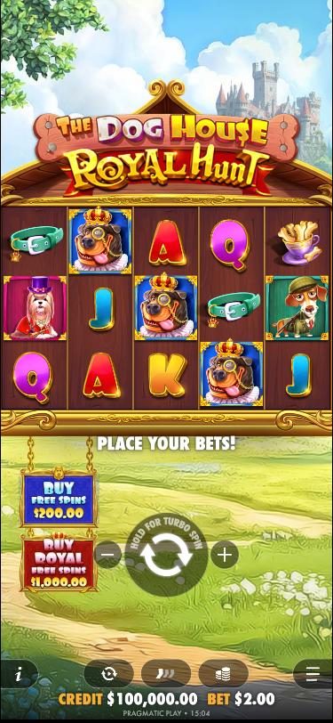 Royal Hunt on a phone, with two buy signs beside the spin button.