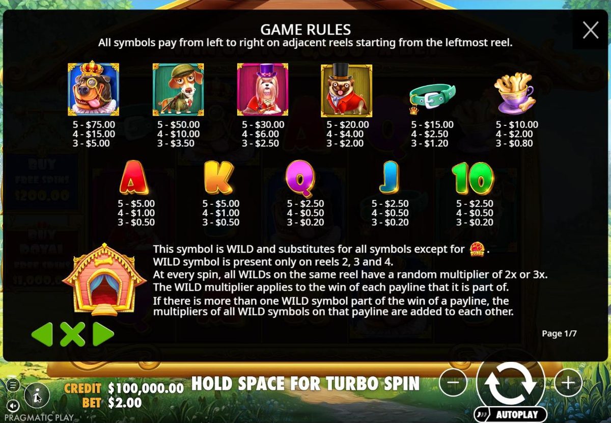 Rules page 1: the crowned Rottweiler pays $75 for five at a $2 bet, the hunter Dachshund $50, the Shih Tzu $30, the Pug $20, the collar $15 and the teacup $10, with card symbols and the wild rules below.