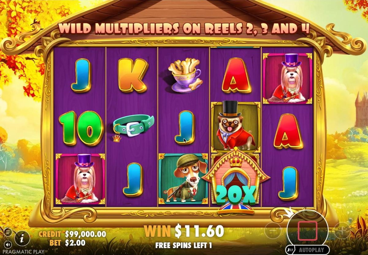 Royal free spins with an autumn background: a 20x royal dog house wild decorated with a crown and Union Jack bunting sits on reel 4, Free spins left 1 and a total win of $11.60.