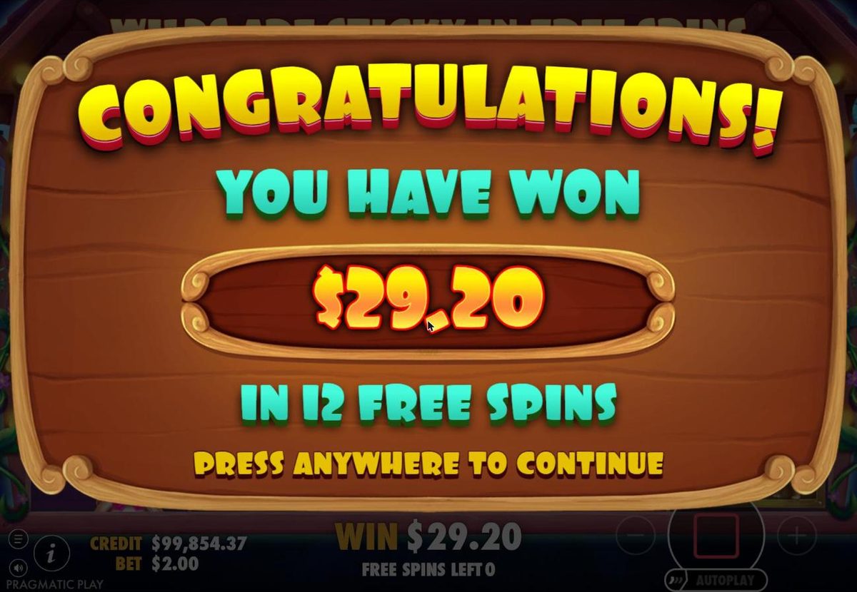 Congratulations screen: You have won $29.20 in 12 free spins.