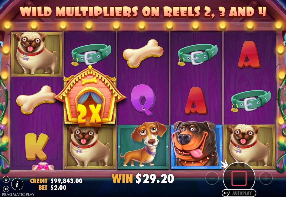 Free spins under purple lights: a 2x sticky wild on reel 2 among Pugs, collars, bones and a Dachshund, with the win counter at $29.20.